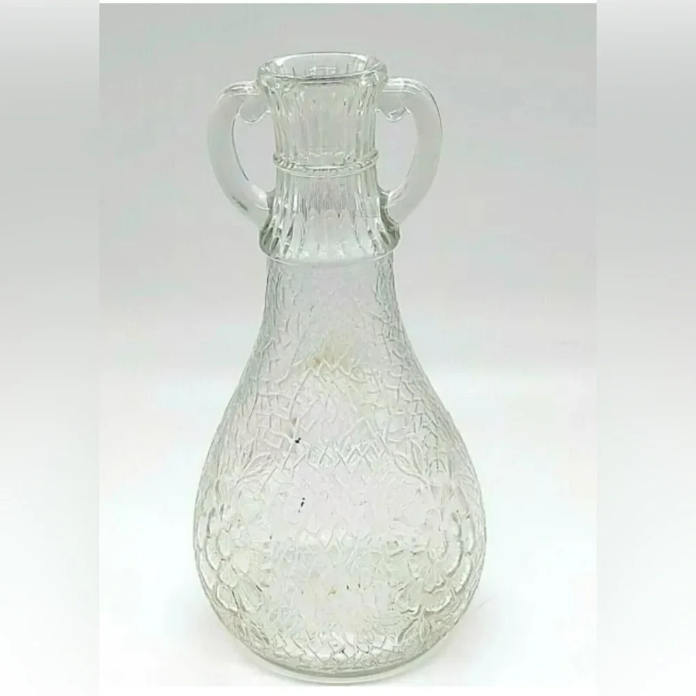 VTG White House Vinegar Bottle Floral Textured Glass Double Handled Pitcher Vase
